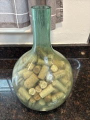 Vtg Aqua Glass Demijohn Large Oval Bottle Jug 14”with Corks Air Bubbles Rare🩵