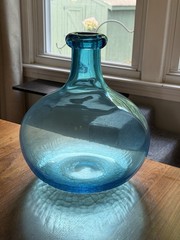 Demijohn Studio Blown Glass bottle Crackled Bottom Blue LARGE 12” tall
