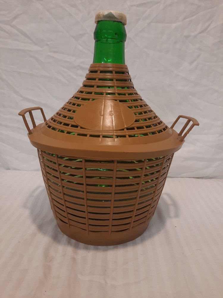 Rare Old Demijohn 5 Liter Green Glass With Brown Basket