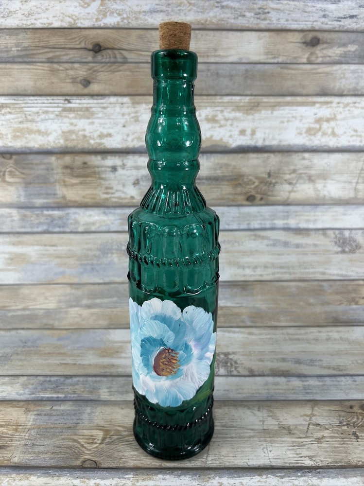 VTG Teal Blue 13&Prime; Decorative Empty Bottle Wine/Oil/Syrup Swanky Barn Flower