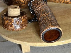 VTG Spanish Wine Decanter Tooled Leather Glass W/ Chain & Cork 10×9 MCM 1970s