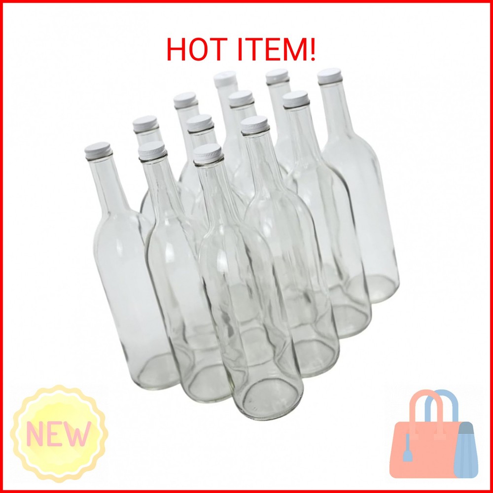 FastRack 750ml Clear Glass Wine Bottles with White Metal Screw Caps (Pack of 12)