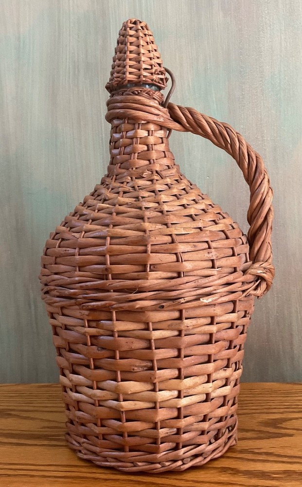 Antique Wicker Wrapped One Gal. Aqua Wine/Rum Demijohn Glass Jug w/ Cap