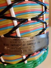 Vintage Plastic Wicker Wrapped Glass Bottle Decanter Woven Spanish Burgundy 1959