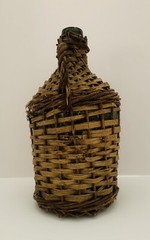 Rustic Wicker Wrapped Green Glass Bottle with a Handle VTG