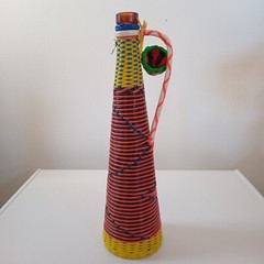 Vintage 60s MCM Viresa Spain Scoubidou Plastic Wicker Wrapped Wine Bottle Boho