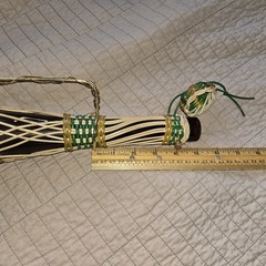 MCM 17in Scoubidou Woven Wicker Demijohn Wine Bottle Metal Handle Spain wood
