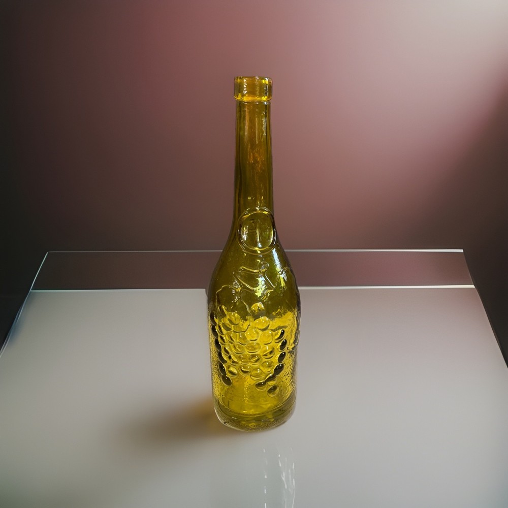 VTG Cobalt Biege European Wine Bottle With Embossed Grapes And Leaves 12.3”