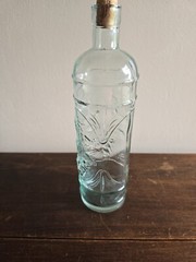 La Mediterranean Blown Teal Glass Wine Bottle/Decatur W/Cork Embossed Grapes