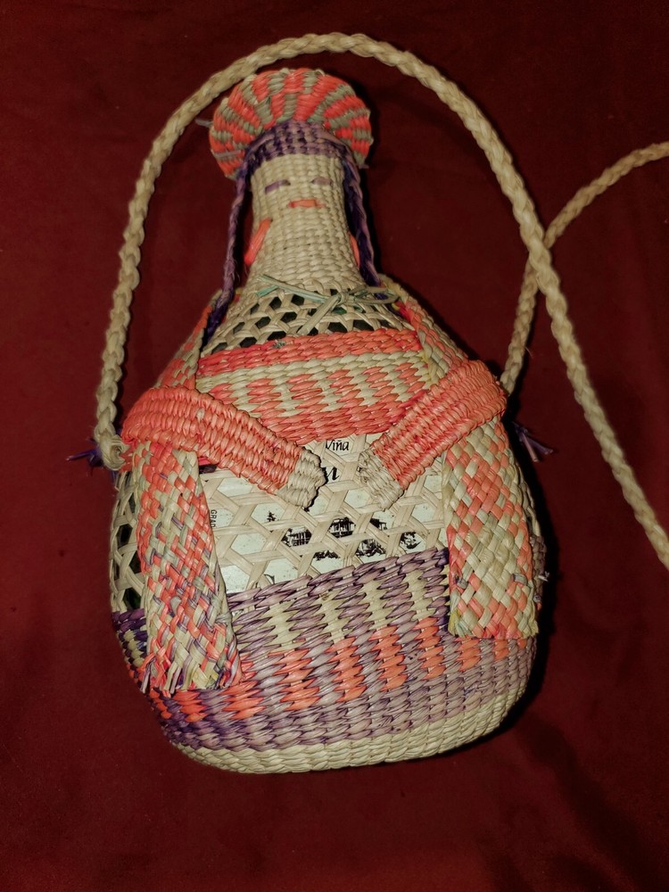 Vintage Wicker Demijohn Wine bottle Lady design w/neck strap made in Ecuador