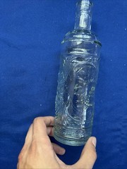 La Mediterranean Blown Teal Glass Wine Bottle W/Cork Embossed Grapes