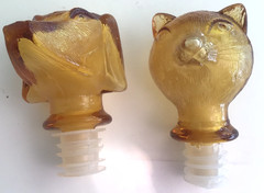 Empoli Figural Cat Dog Amber Glass Carafe Decanter Genie Bottle Pair MCM 1960s