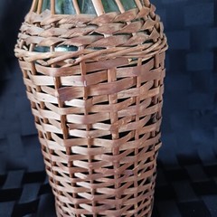 Vtg 2L European 16&Prime; Wicker Covered Demijohn Bottle w/Baled Porcelain Stopper