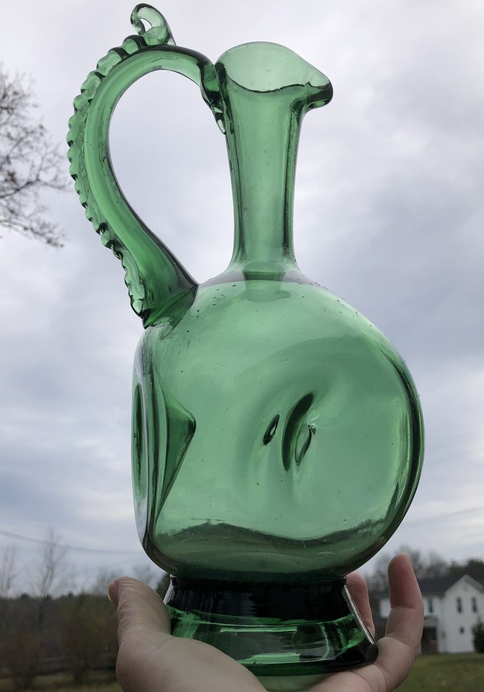 Beautiful Emerald Green Blown Handled Jug Decanter Vintage MCM Empoli
