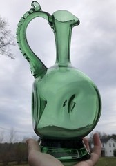 Beautiful Emerald Green Blown Handled Jug Decanter Vintage MCM Empoli