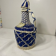 Vintage Blue Woven Plastic Wine Bottle Jug with Lid Spain Not Consumable