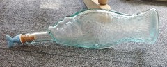 Italian Aqua Blue Fish Shaped Wine Bottle 13&Prime; VTG Glass With Fish Tail Cork EUC