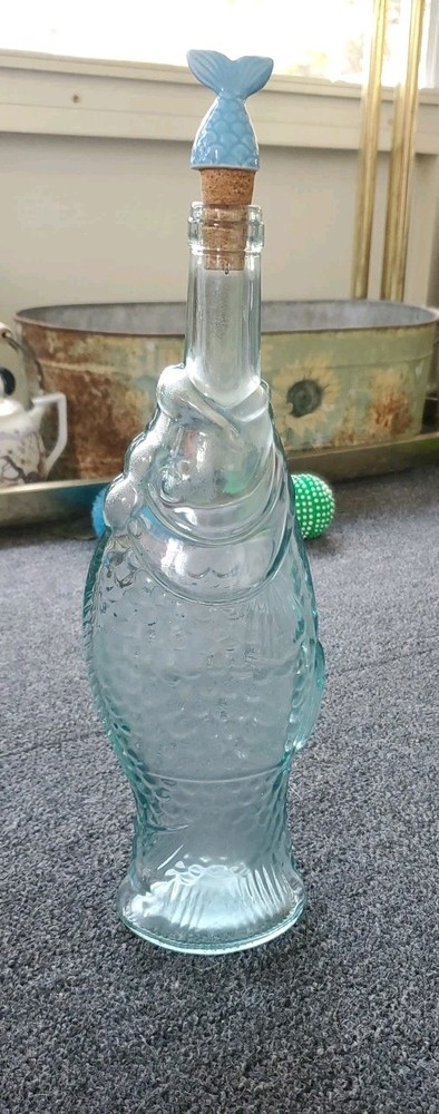 Italian Aqua Blue Fish Shaped Wine Bottle 13&Prime; VTG Glass With Fish Tail Cork EUC
