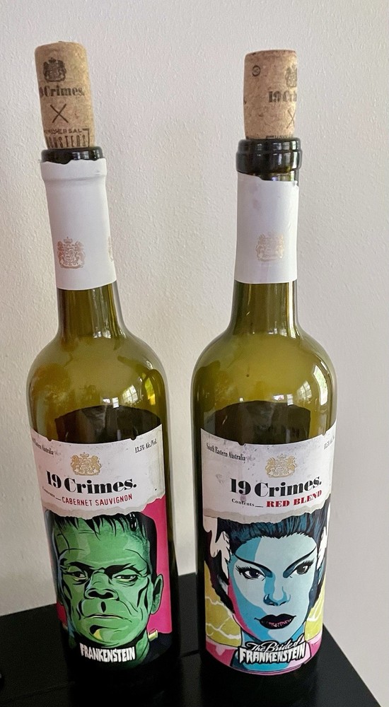 Frankenstein & Bride Universal Monsters 19 Crimes Empty Wine Bottles set of 2