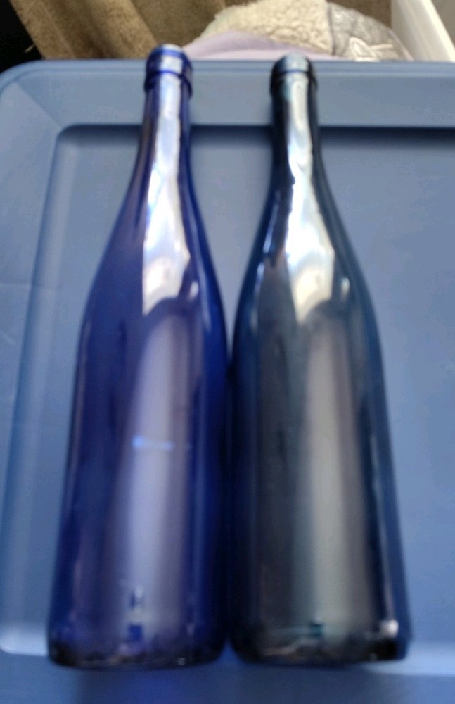 2 Blue Glass Wine Bottles