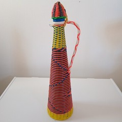 Vintage 60s MCM Viresa Spain Scoubidou Plastic Wicker Wrapped Wine Bottle Boho