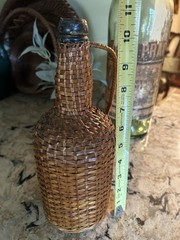 Vtg Wicker Wrapped Demijohn Glass Wine Bottle Rustic Boho Jug 11”
