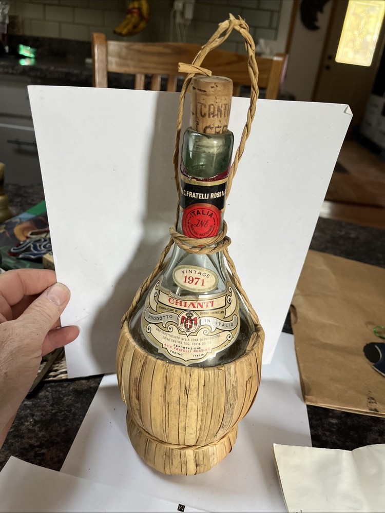 VINTAGE Empty 1971 Chianti Wine Bottle With Rattan Wrap Quart Bottle!