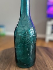 Vintage Teal Glass Bottle 11.25&Prime;H Grape Motif Spanish Glass Wine Carafe