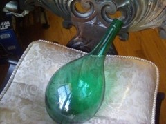 VTG Lrg Green Glass Wine Bottle Jug Bar Liquor 15&Prime;  Round Bottom Antique Bubbles