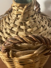 Vintage V. Levante Spanish wicker covered green glass demijohn bottle See Pics