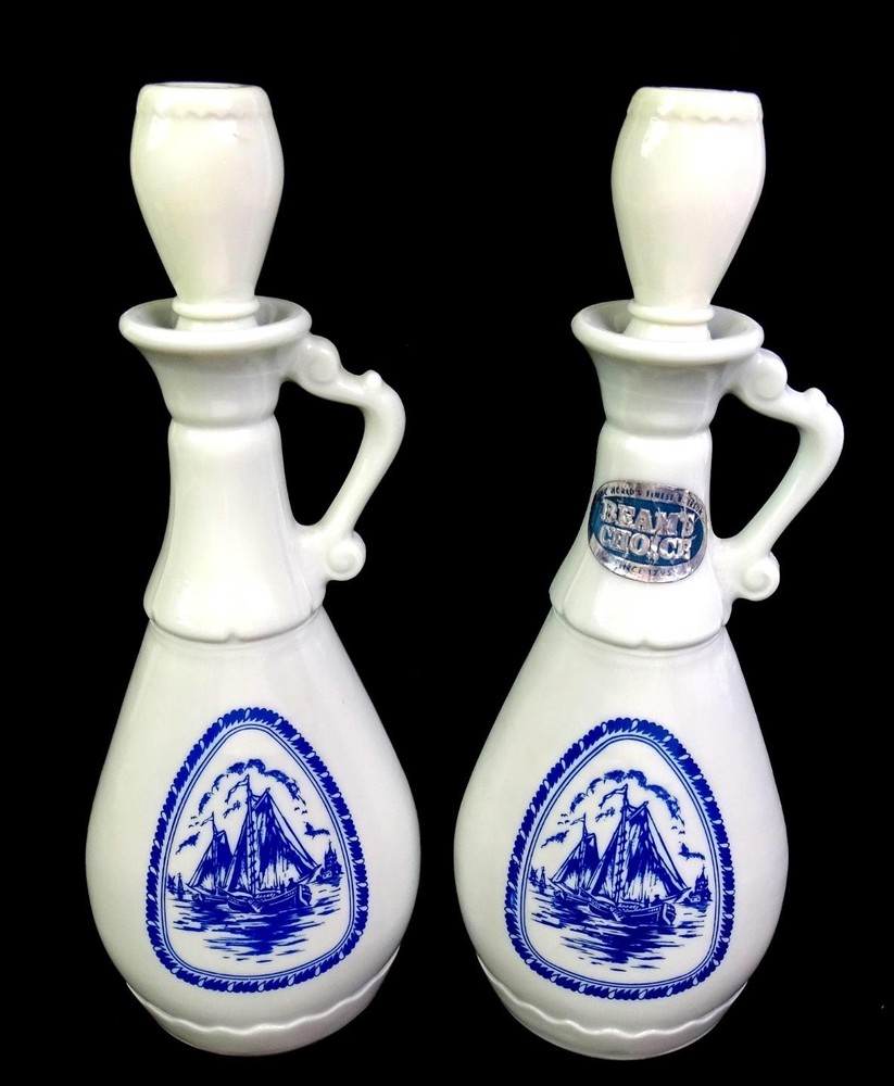 Jim Beam Milk Glass Sail Boat 2 Piece Vintage 13 1/4&Prime; Liquor Bottles 1963 EMPTY