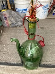 Vintage Hand Blown Green Glass Wine Bottle Decanter W/ Ice Chamber & Corks-Italy