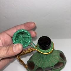 MCM Viresa Plastic Scoubidou Woven Wicker Wine Bottle Jug Metal Handle Green