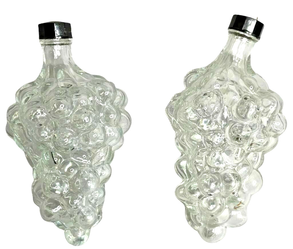 Lot/2 Clear Glass Bottle Grape Cluster Bunch Shaped Wine Decanters Length 6.5&Prime;