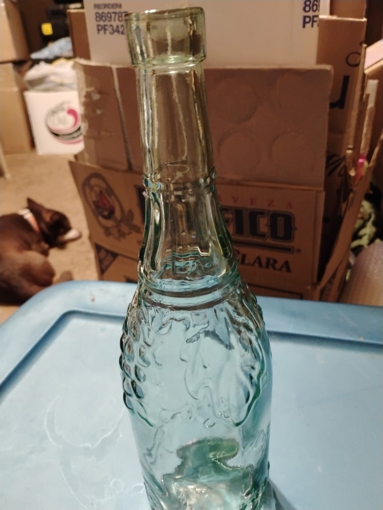 Green Clear Glass Bottle With Grape Leaf Design Wine Bottle 12 Inches