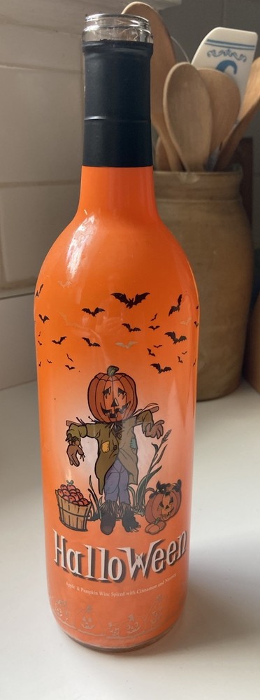 Halloween -Empty Glass Wine Bottle-Scarecrow, Bats, Jack O Lanterns