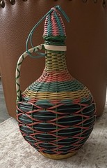 Vintage Spain Wine Bottle Plastic Woven Wicker Handle Empty Boho