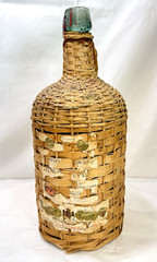 VTG Wicker Covered Demijohn Liquor Bottle Original Partial Spanish Label Mexico