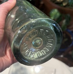 Pedro Domecq VTG Spanish Wine Embossed Crest Aqua Blown Glass Bottle 11.5”