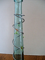 VINTAGE GREEN WINE BOTTLE / VASE Decorated w/Metal, Copper & Plastic Grapes