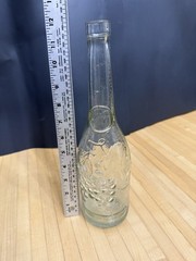 Vintage Spanish Slight Green Tint Glass Wine Bottle 12in Embossed Grape Vines