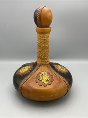Vintage Italian Leather Wrapped Wine Bottle w/ Wood Stopper