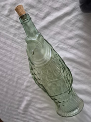 Vintage Fish Shaped Green Glass Wine Bottle 13” Tall Light Green Glass w/Cork