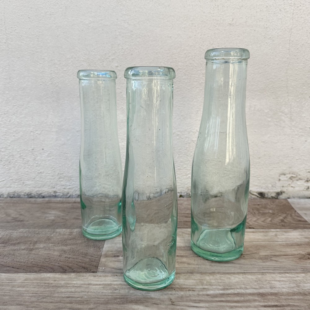 Antique French Glass Milk Bottles Green Tinted Set 3 Vintage 1920s 2509247