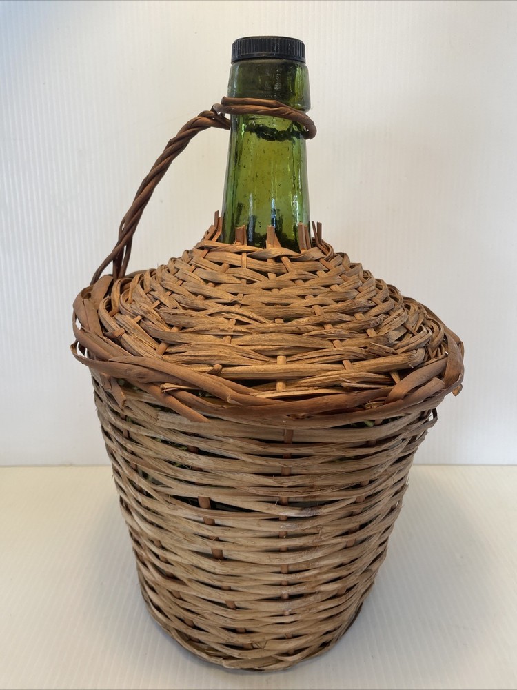 Vtg Wicker Wrapped Demijohn De Muller Spain Green Glass Wine Bottle 13” h x 9”w*
