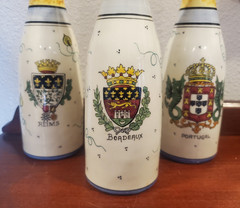 3 DECORATIVE Wine Bottles Hand Painted CHAMPAGNE REIMS PORTUGAL Bordeaux FRANCE