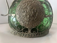 ANTIQUE 9.5” FILIGREE Wrapped Emerald GREEN GLASS Decanter