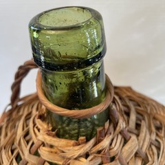 Vtg Wicker Wrapped Demijohn De Muller Spain Green Glass Wine Bottle 12.5”h x 8”w