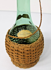 Vintage 21&Prime;H Green Glass Demijohn Carafe in Raffia, New Orleans Import Label