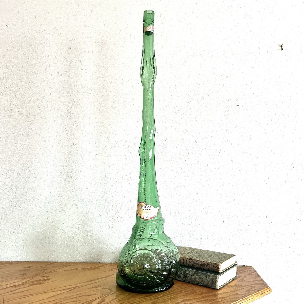 Vtg 32” Italian Chianti Wine Bottle Celine Glass Decanter Snail Shaped MCM EVC